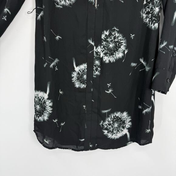Express XS Shift Dress Dandelion Print Black Chiffon Zipper V Neck Long Sleeve - Picture 4 of 11